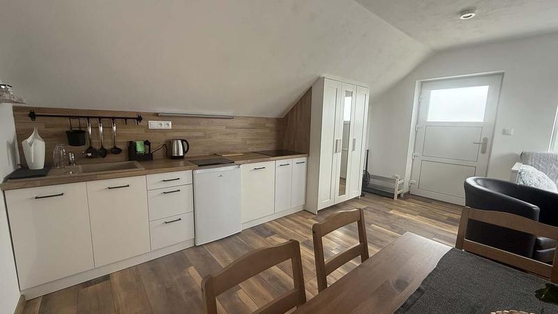 Kuchyňský kout s jídelním stolem v apartmánu 3
